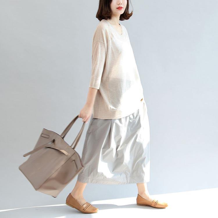 beige stylish linen blouse oversize tops long sleeve t shirt - Omychic
