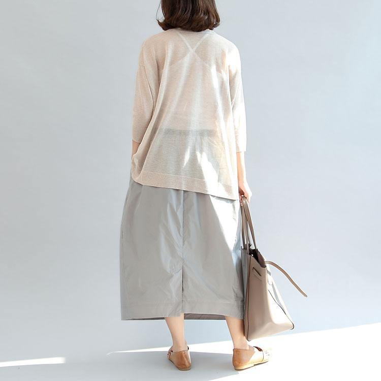 beige stylish linen blouse oversize tops long sleeve t shirt - Omychic