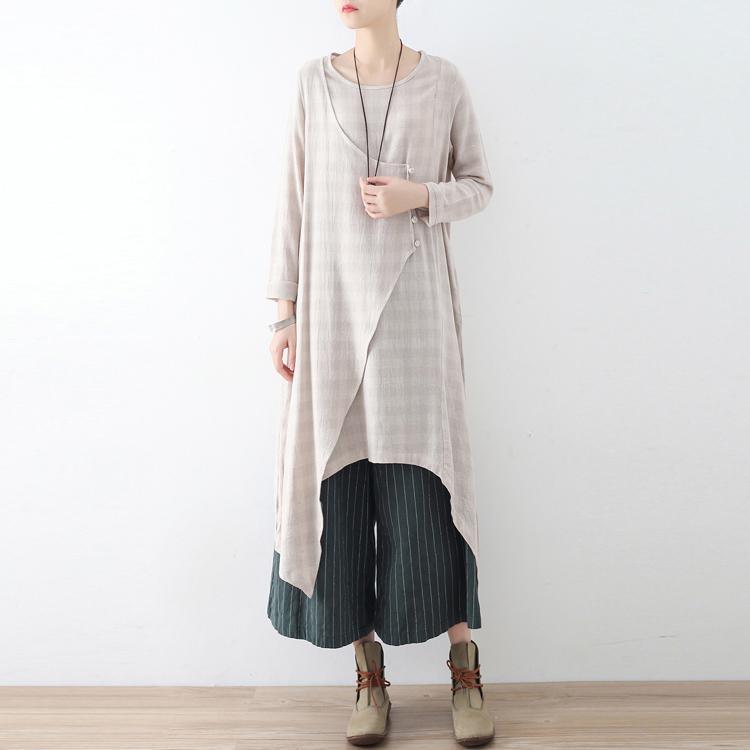 Beige Vintage Casual Linen Dresses Plus Size Chinese Button Asymmetric Shirt Dress - Omychic