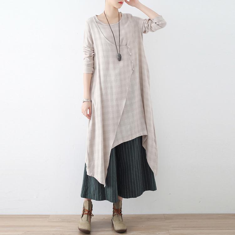 Beige Vintage Casual Linen Dresses Plus Size Chinese Button Asymmetric Shirt Dress - Omychic