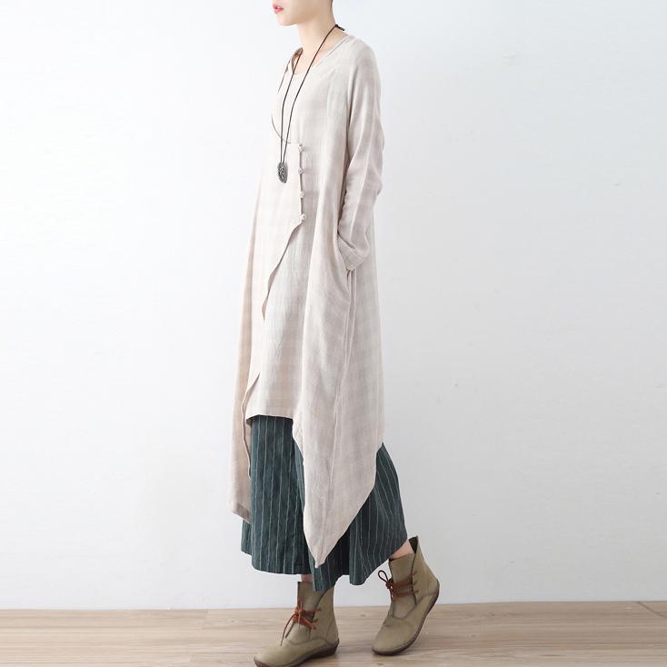 Beige Vintage Casual Linen Dresses Plus Size Chinese Button Asymmetric Shirt Dress - Omychic
