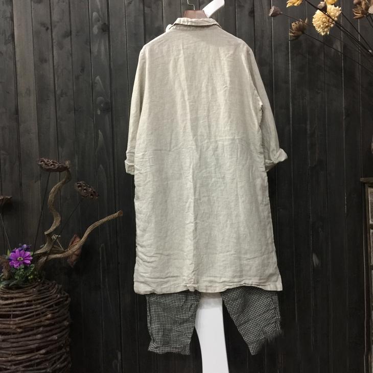 beige white embroidery linen shirt plus size casual long sleeve tops - Omychic