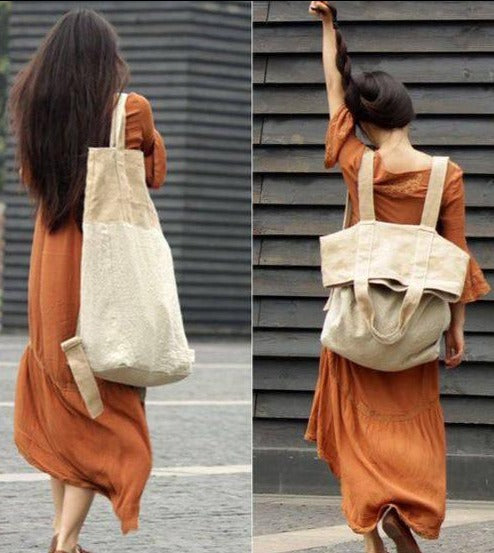 beige white patchwork large canbas-linen backpack-shoulder bag - Omychic