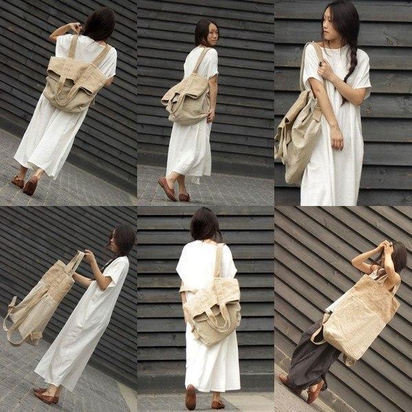 beige white patchwork large canbas-linen backpack-shoulder bag - Omychic