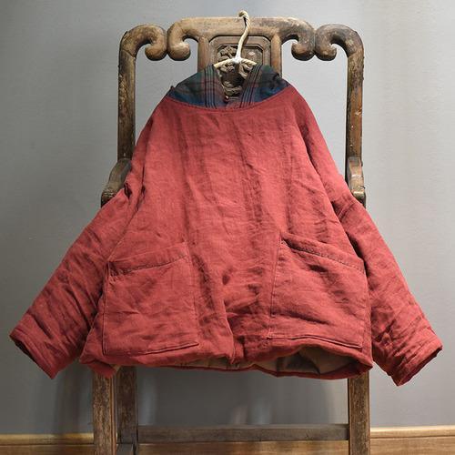 Women Linen Patchwork Hooded Coat Parkas Ladies Vintage Flax Tops Female 2020 Outerwear 2020 Autumn Winter - Omychic