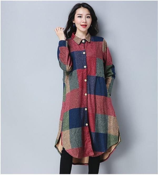 omychic plus size cotton wool vintage for women casual loose autumn winter shirt dress - Omychic