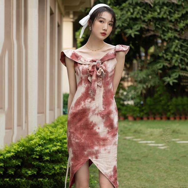 Color Printing and Dyeing Dress Fashion Slash Neck Bow Women Autumn and Winter The New Temperament Base Dress - Omychic