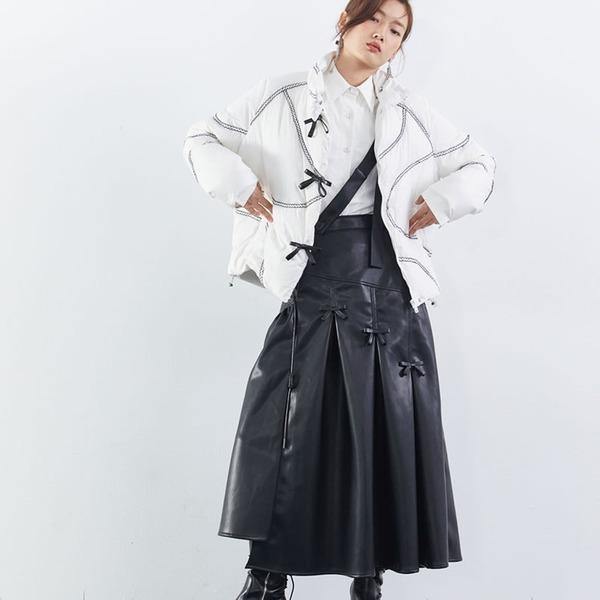 Patchwork Wrinkle Bow Solid PU Skirt Women 2020 Winter Casual Fashion Clothes - Omychic