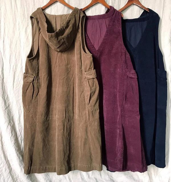 Solid Color Corduroy Hooded Dress Ladies Vintage Tank Dress Female V Neck Vintage Dresses - Omychic