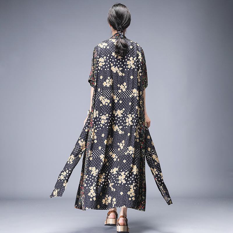 black Rural Floral Printed Elegant Casual  Italian dress boutique short sleeve Coat - Omychic