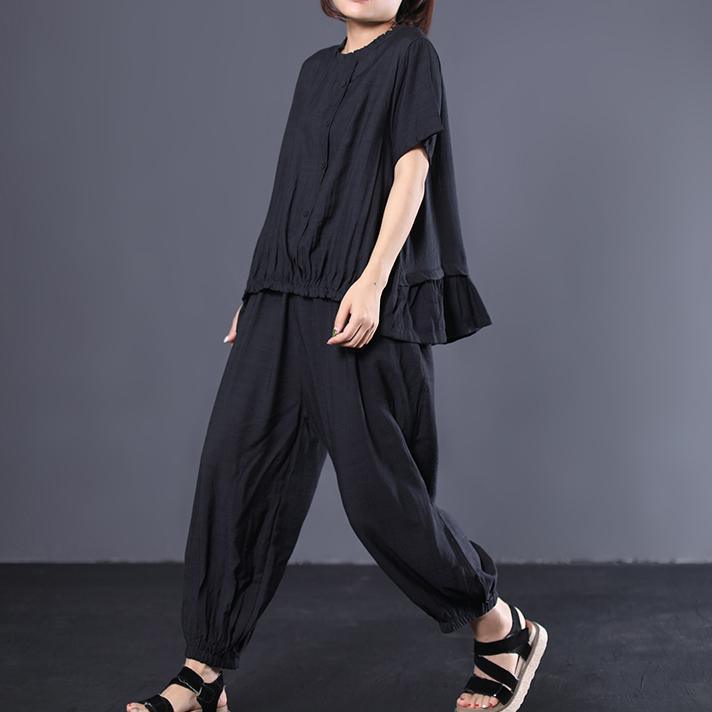 black blended casual short sleeve ruffles tops with elastic waist women pants - Omychic