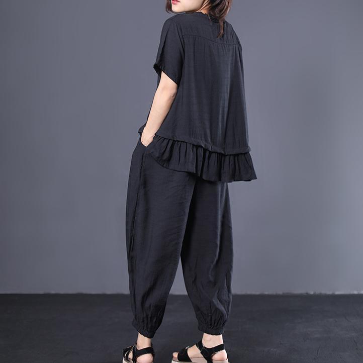 black blended casual short sleeve ruffles tops with elastic waist women pants - Omychic
