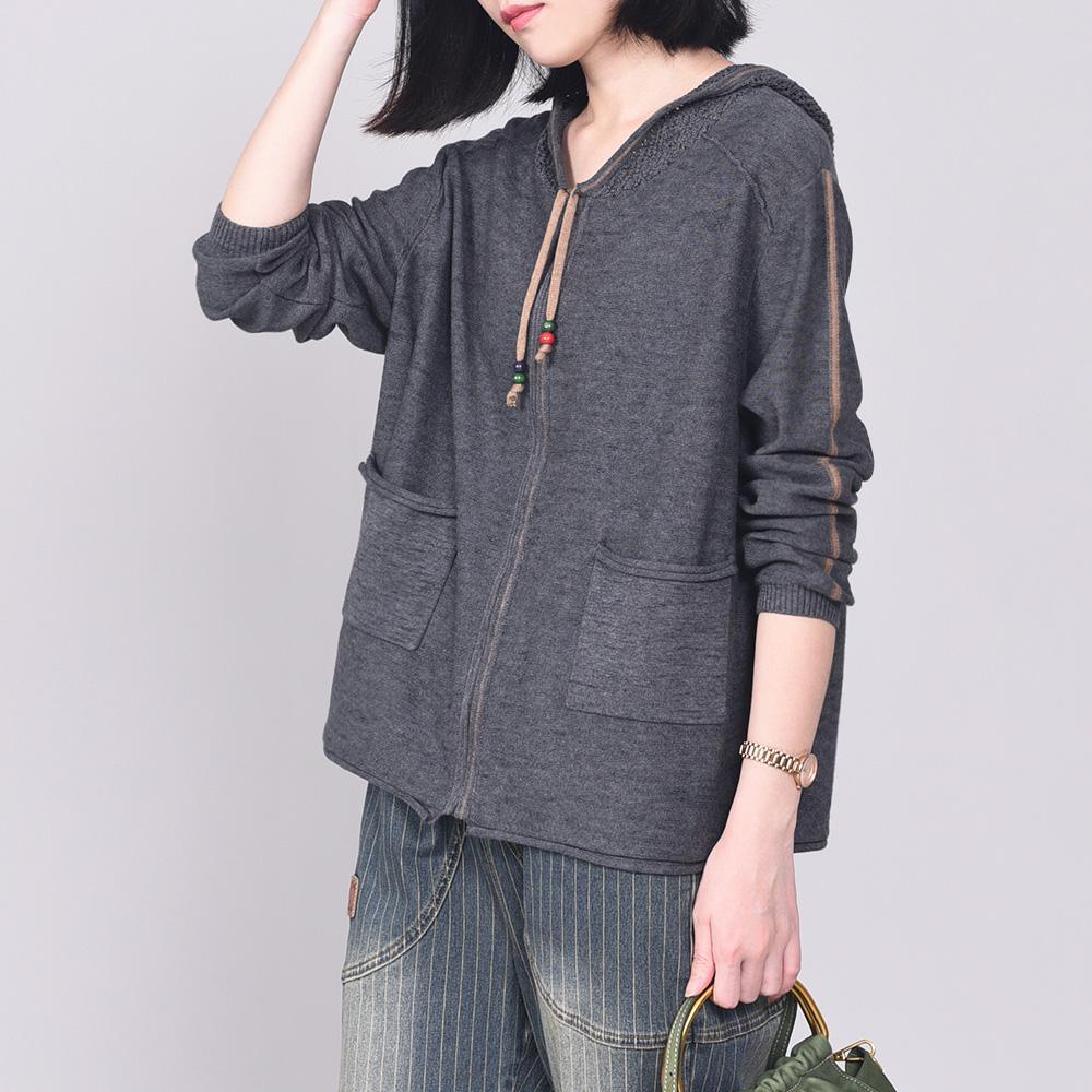 black clothes casual hooded knitted blouse zippered - Omychic