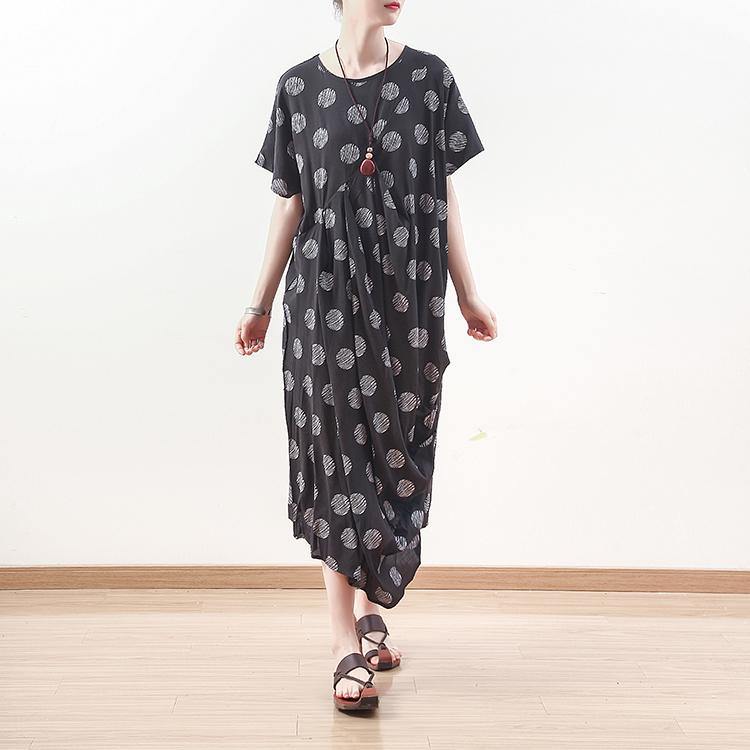 black dotted linen maxi dress plus size draping casual dreess top quality o neck kaftans - Omychic