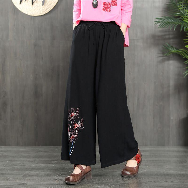 black elastic waist vintage linen pants loose embroidery casual pants - Omychic