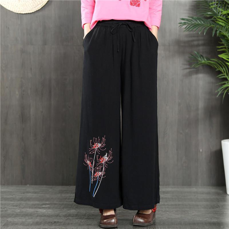 black elastic waist vintage linen pants loose embroidery casual pants - Omychic