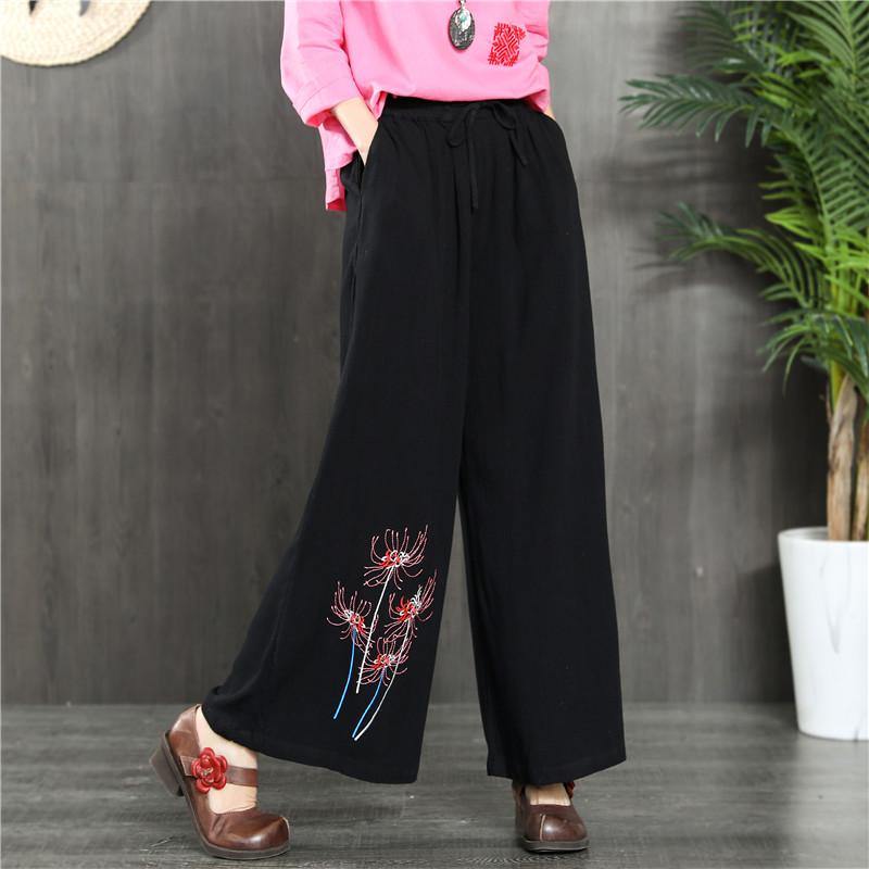 black elastic waist vintage linen pants loose embroidery casual pants - Omychic