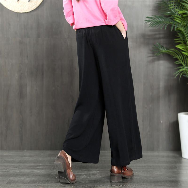 black elastic waist vintage linen pants loose embroidery casual pants - Omychic