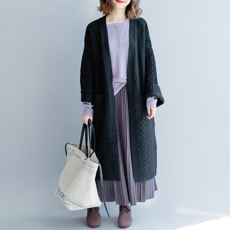 black long knit coat trendy knitted cardigans plus size v neck outwear 2018 pockets Coats - Omychic