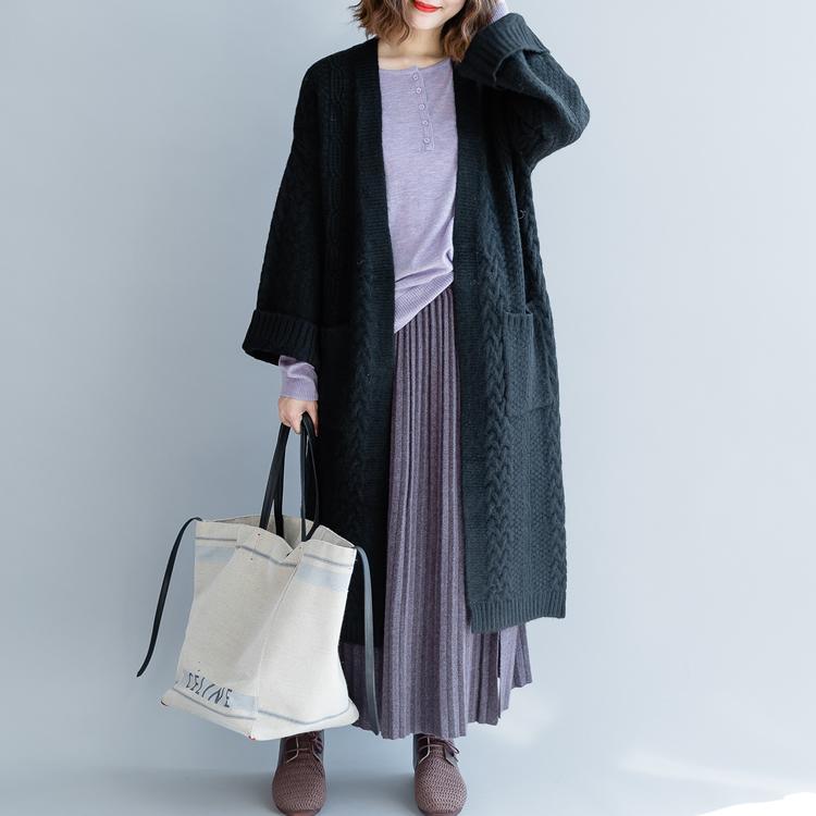 black long knit coat trendy knitted cardigans plus size v neck outwear 2018 pockets Coats - Omychic