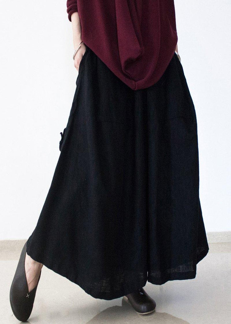 black retro drawstring folds gradient loose large size wide leg pants thick cotton linen skirt pants - Omychic