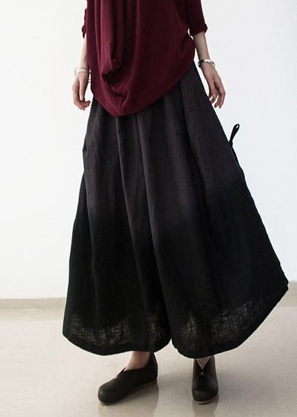 black retro drawstring folds gradient loose large size wide leg pants thick cotton linen skirt pants - Omychic