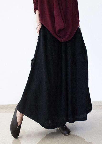 black retro drawstring folds gradient loose large size wide leg pants thick cotton linen skirt pants - Omychic