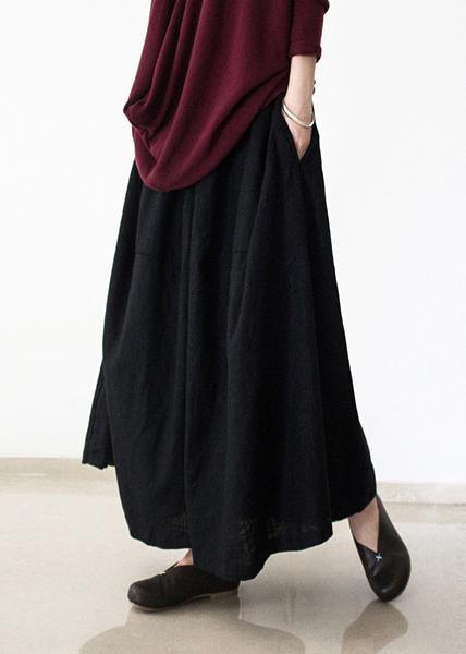 black retro drawstring folds gradient loose large size wide leg pants thick cotton linen skirt pants - Omychic