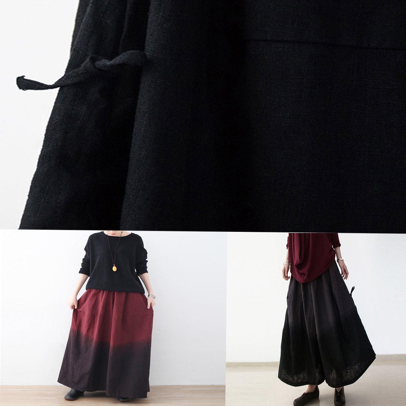black retro drawstring folds gradient loose large size wide leg pants thick cotton linen skirt pants - Omychic