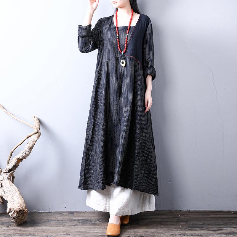 black striped casual linen dresses plus size women long sleeve maxi dress - Omychic