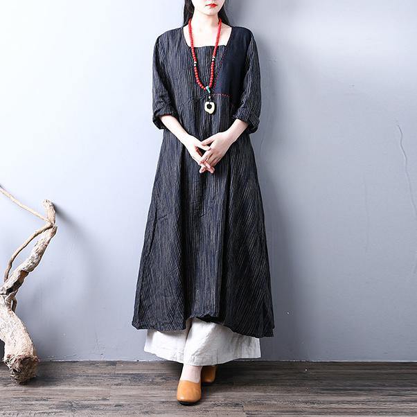 black striped casual linen dresses plus size women long sleeve maxi dress - Omychic