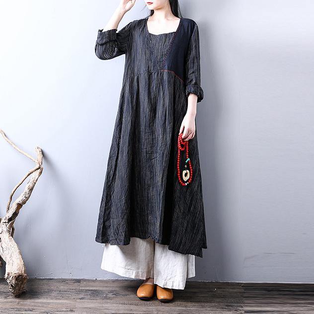 black striped casual linen dresses plus size women long sleeve maxi dress - Omychic