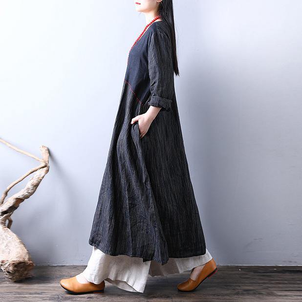 black striped casual linen dresses plus size women long sleeve maxi dress - Omychic