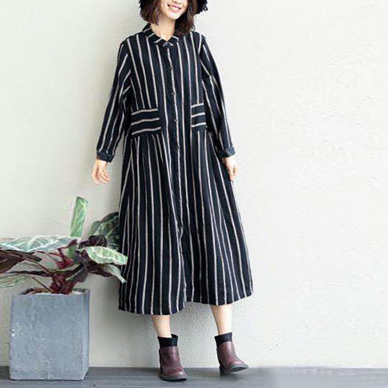 black striped linen dresses A linen maxi dress casual patchwork long shirt dress boutique casual cardigans - Omychic