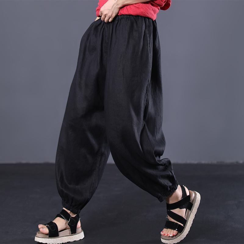 black summer linen wide leg pants loose elastic waist women pants - Omychic