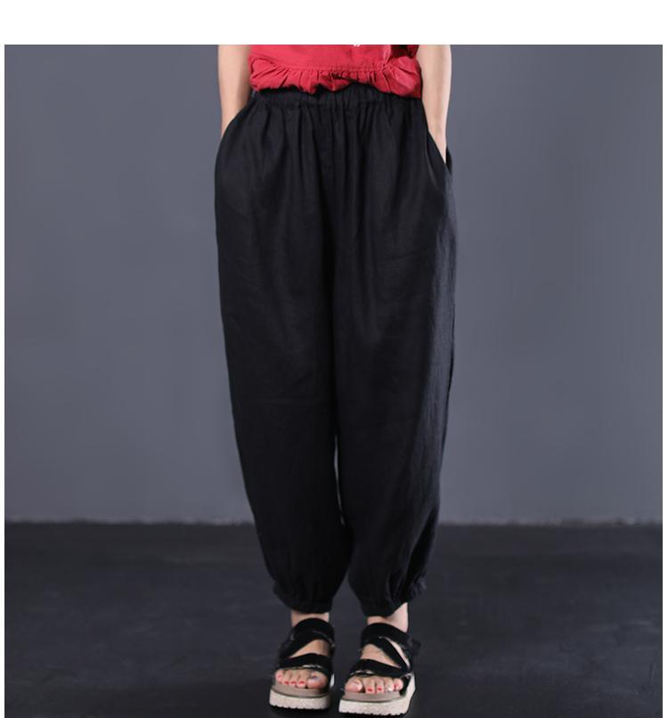 black summer linen wide leg pants loose elastic waist women pants - Omychic