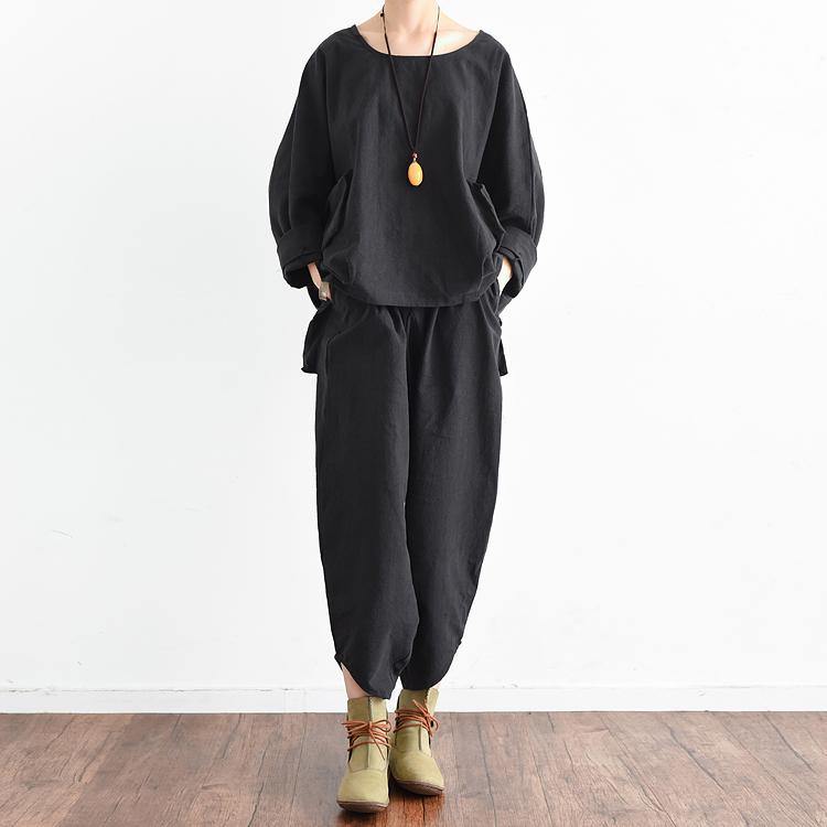 black women casual linen two pieces Batwing Sleeve pullover and wide leg pants - Omychic