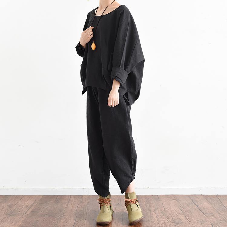 black women casual linen two pieces Batwing Sleeve pullover and wide leg pants - Omychic