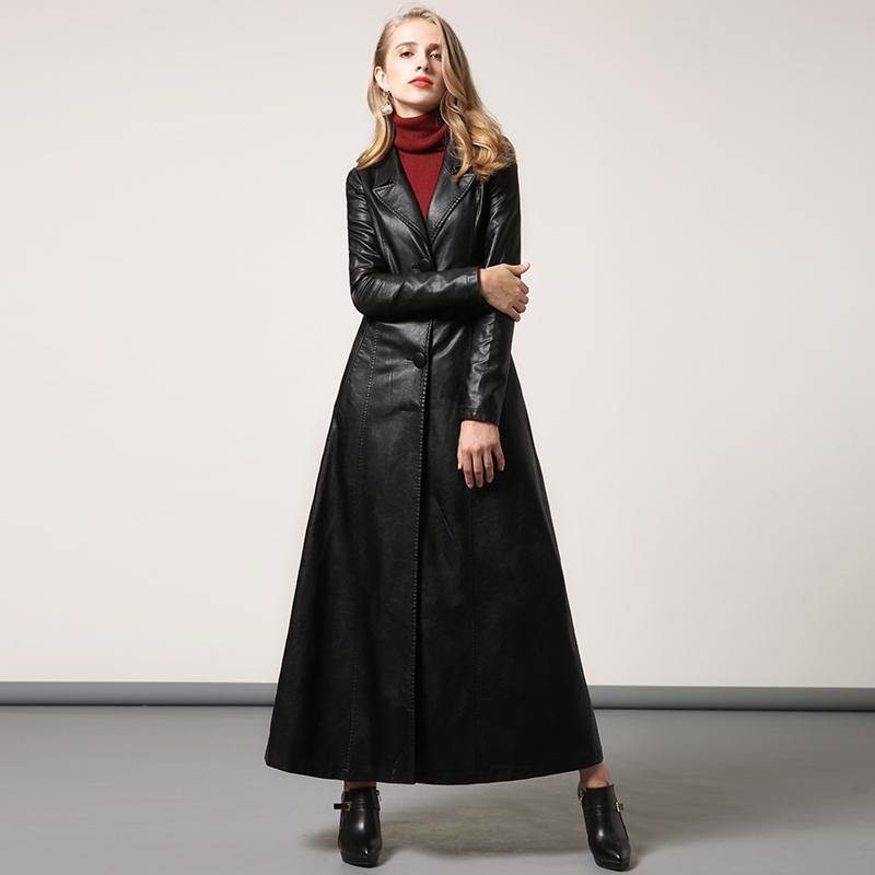 black PU long coat women slim fit stylish elegant lapel collar maxi trench coats - Omychic