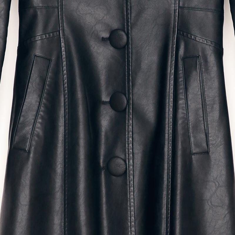 black PU long coat women slim fit stylish elegant lapel collar maxi trench coats - Omychic