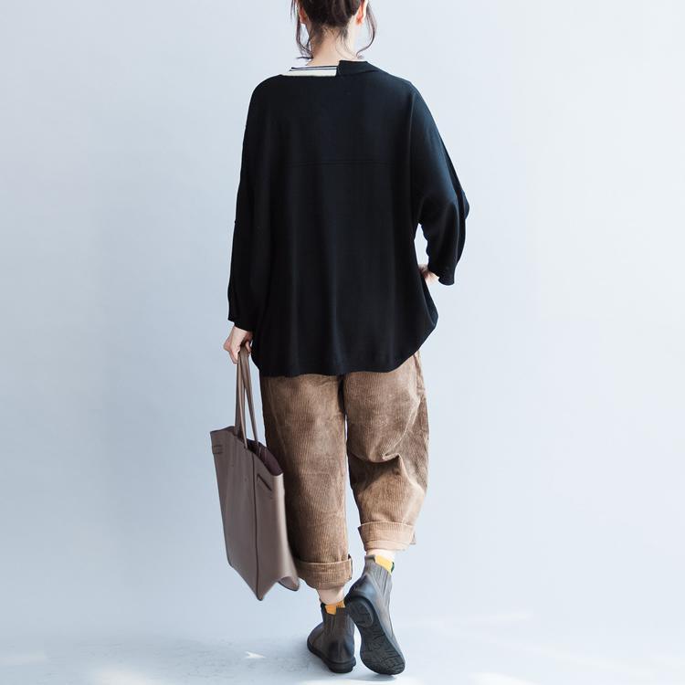 black V neck cotton sweater plus size patchwork knit tops - Omychic