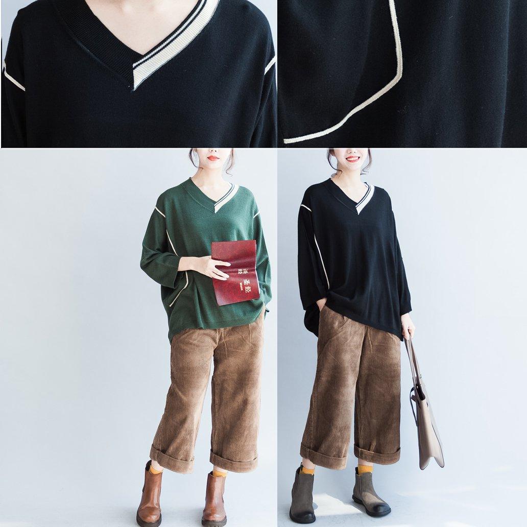 black V neck cotton sweater plus size patchwork knit tops - Omychic