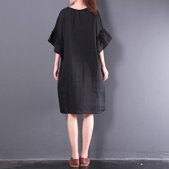 black alphabet print linen dresses plus size mid dress trumpet sleeves sundress - Omychic