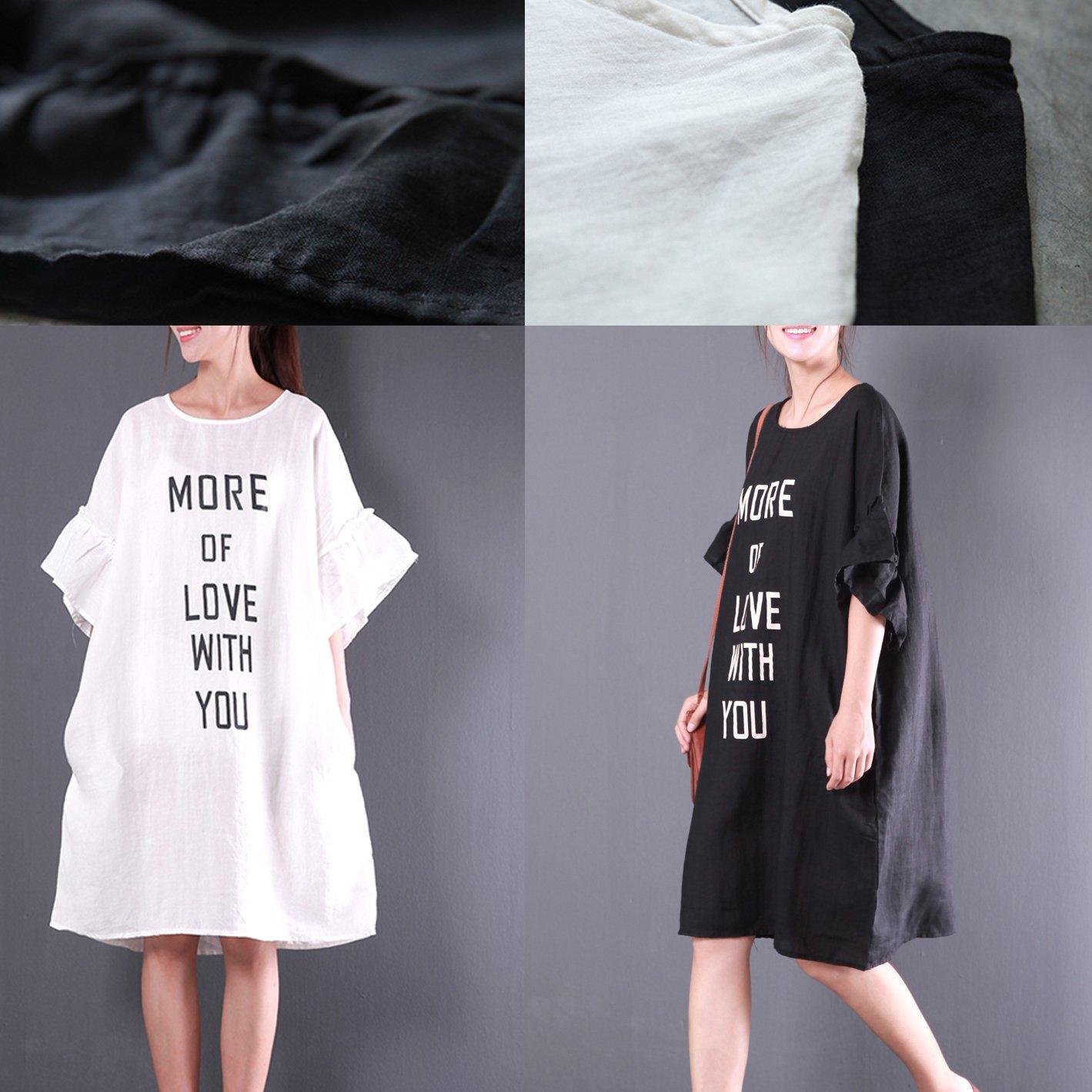black alphabet print linen dresses plus size mid dress trumpet sleeves sundress - Omychic