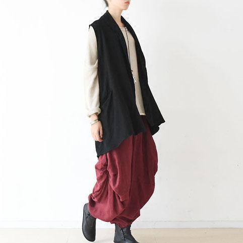 black asymmetric linen blouse draping back vest casual stylish tops jacket linen clothing - Omychic