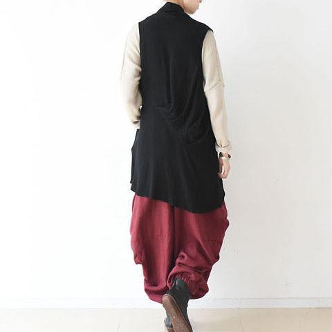 black asymmetric linen blouse draping back vest casual stylish tops jacket linen clothing - Omychic