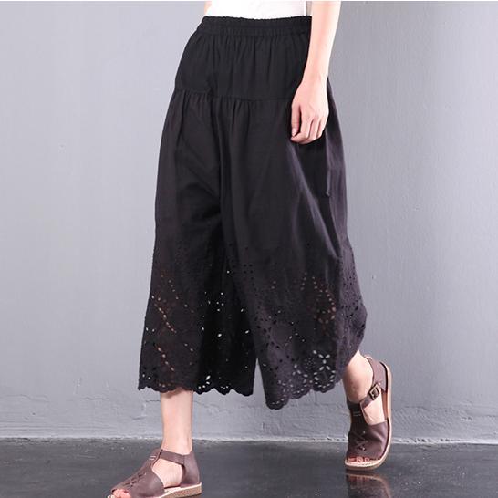 black baggy cotton pants plus size hollow out wide leg pants - Omychic