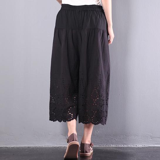 black baggy cotton pants plus size hollow out wide leg pants - Omychic