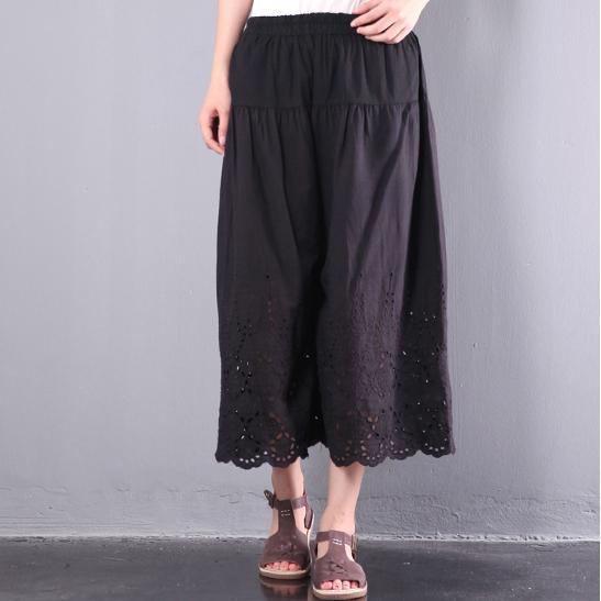 black baggy cotton pants plus size hollow out wide leg pants - Omychic