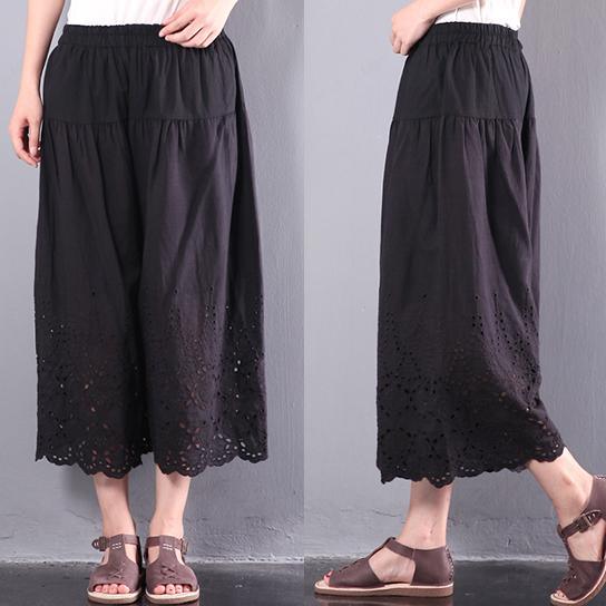 black baggy cotton pants plus size hollow out wide leg pants - Omychic